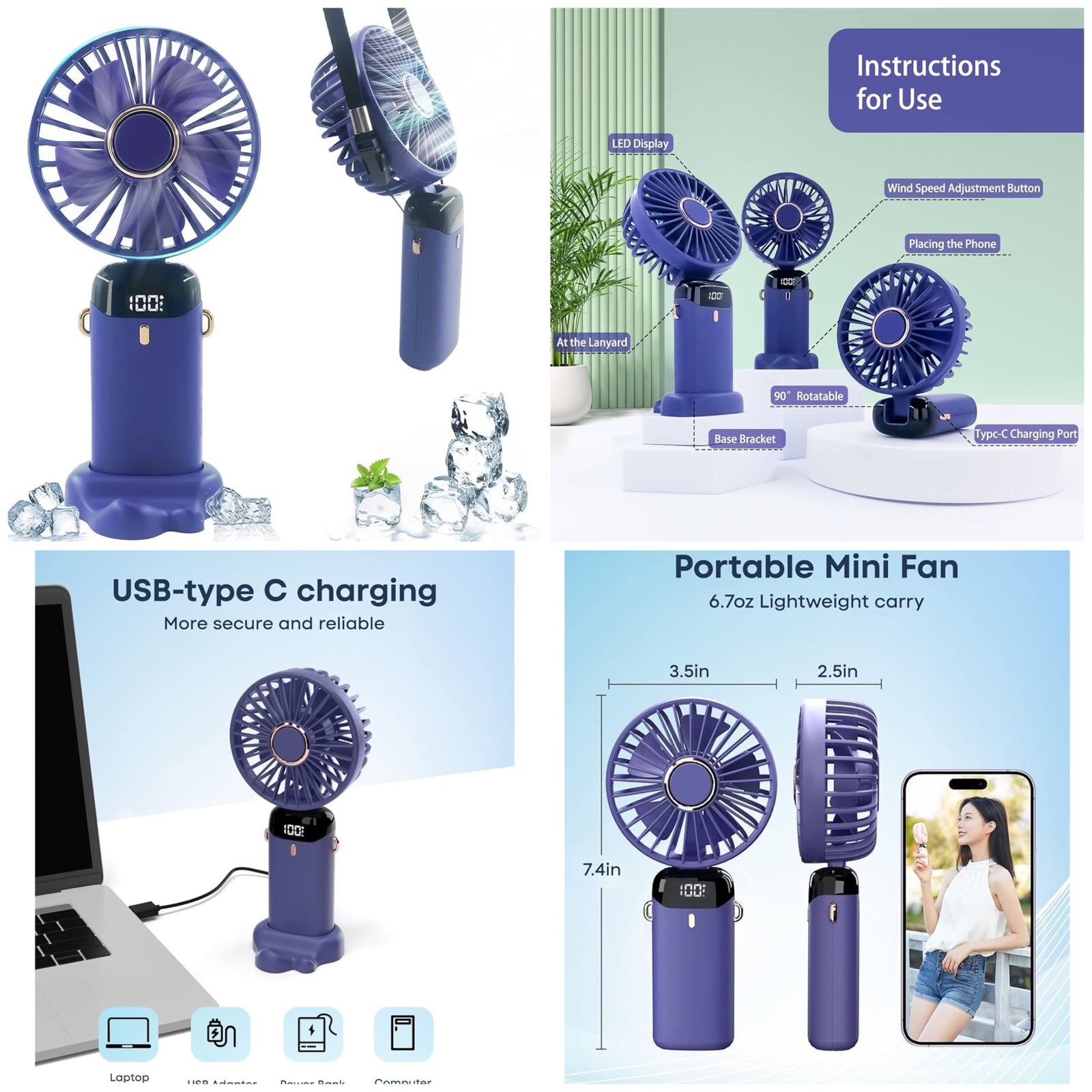 Digital Display Portable Mini Fan | 5-in-1 USB-C Rechargeable Handheld Desk & Neck Fan with LED Display | 90° Adjustable | Random Color