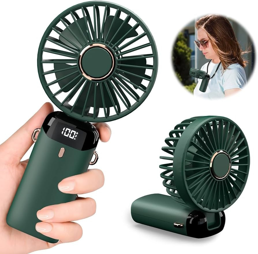 Digital Display Portable Mini Fan | 5-in-1 USB-C Rechargeable Handheld Desk & Neck Fan with LED Display | 90° Adjustable | Random Color